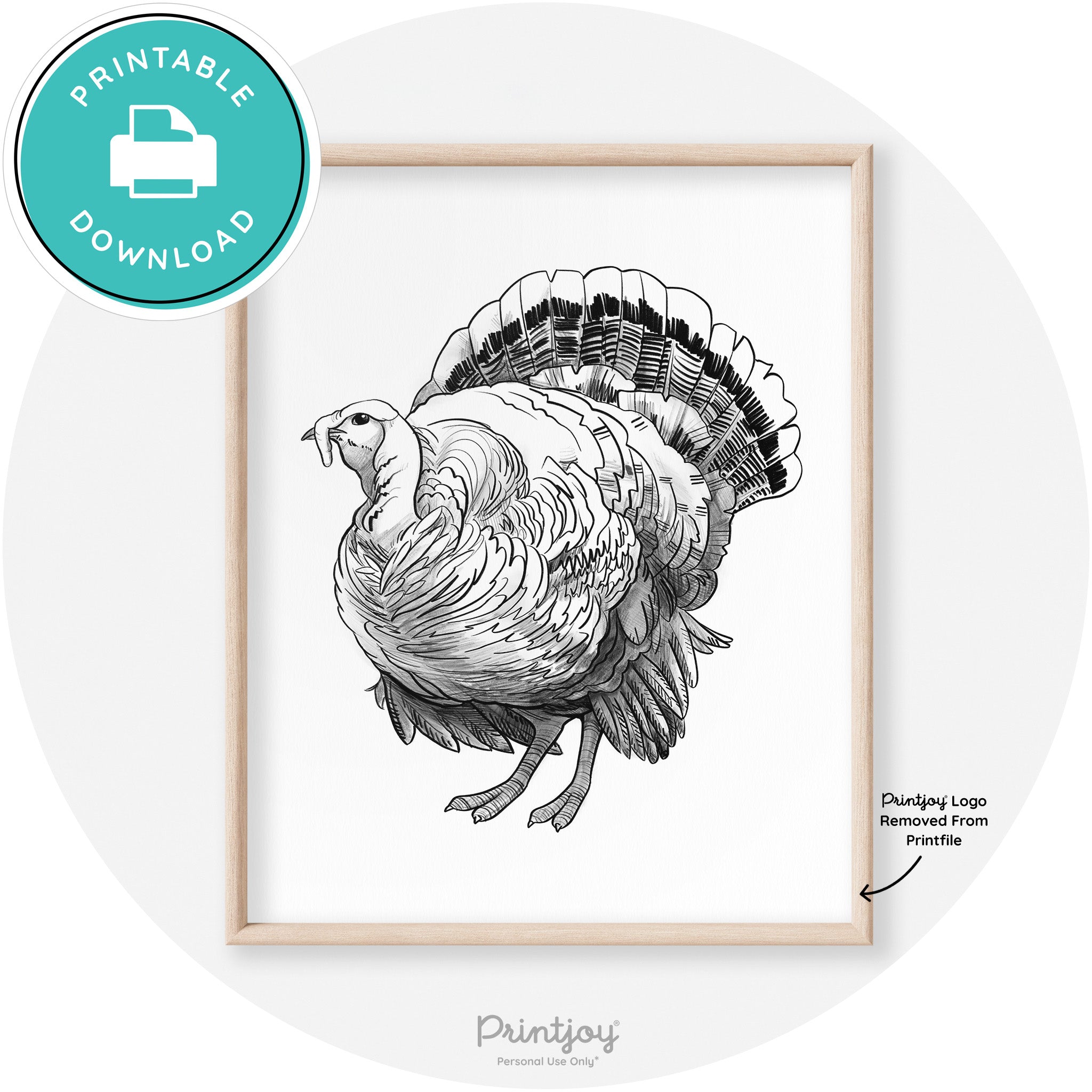 Turkey Drawing Thanksgiving Transitional Wall Art Decor Free Printable - Printjoy