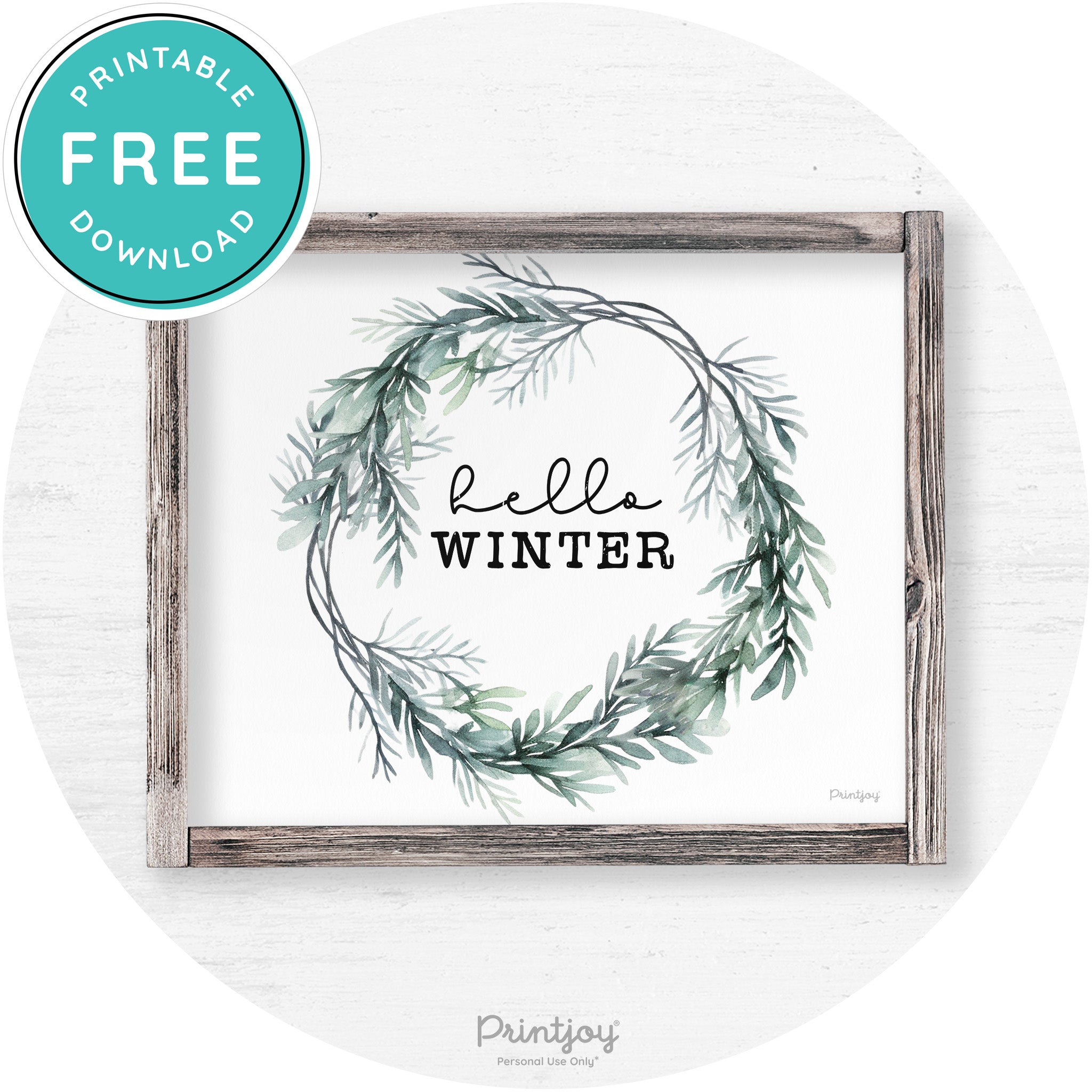 Hello Winter Watercolor Wreath Farmhouse Wall Art Free Printable - Printjoy