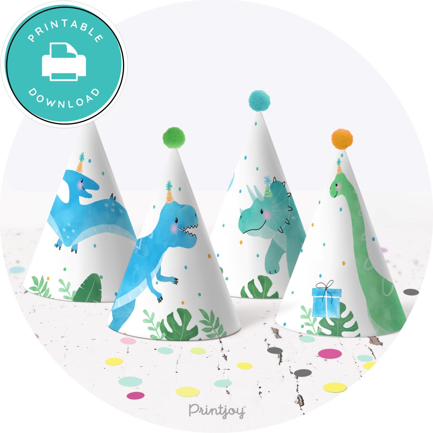 Kids Fun Dinosaur Birthday Party Blue Green Watercolor Party Hats Printable Download - Printjoy