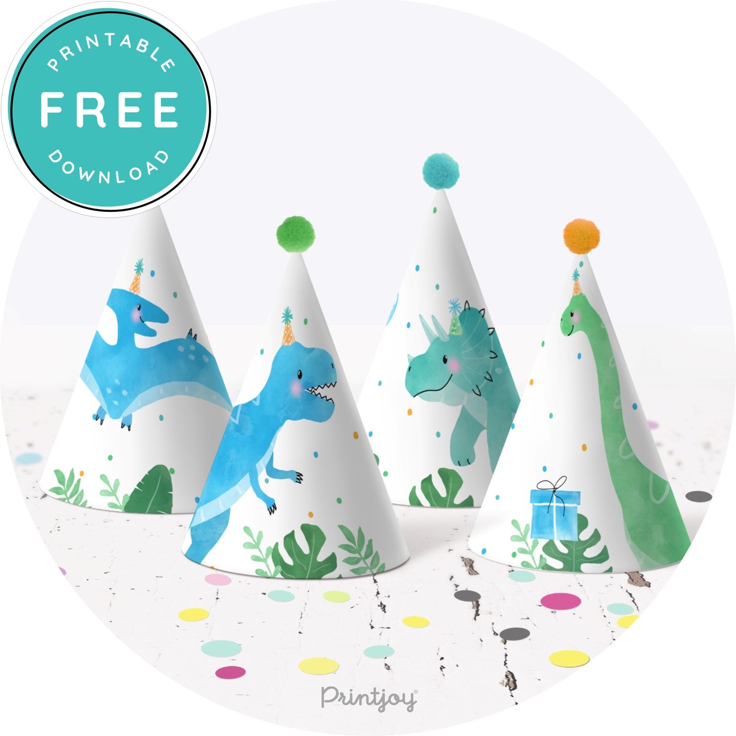 Kids Fun Dinosaur Birthday Party Blue Green Watercolor Party Hats Printable Download - Printjoy