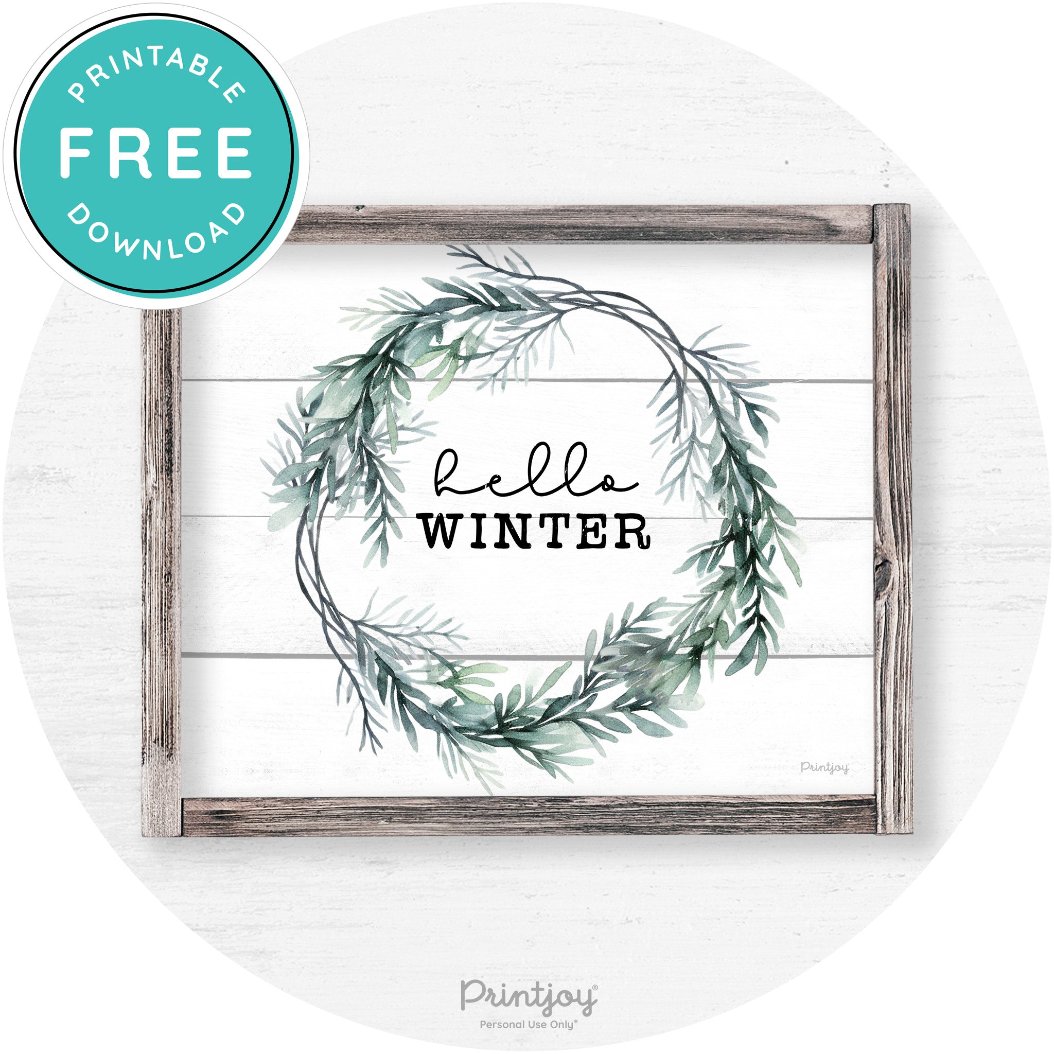 Hello Winter Watercolor Wreath Farmhouse Wall Art Free Printable