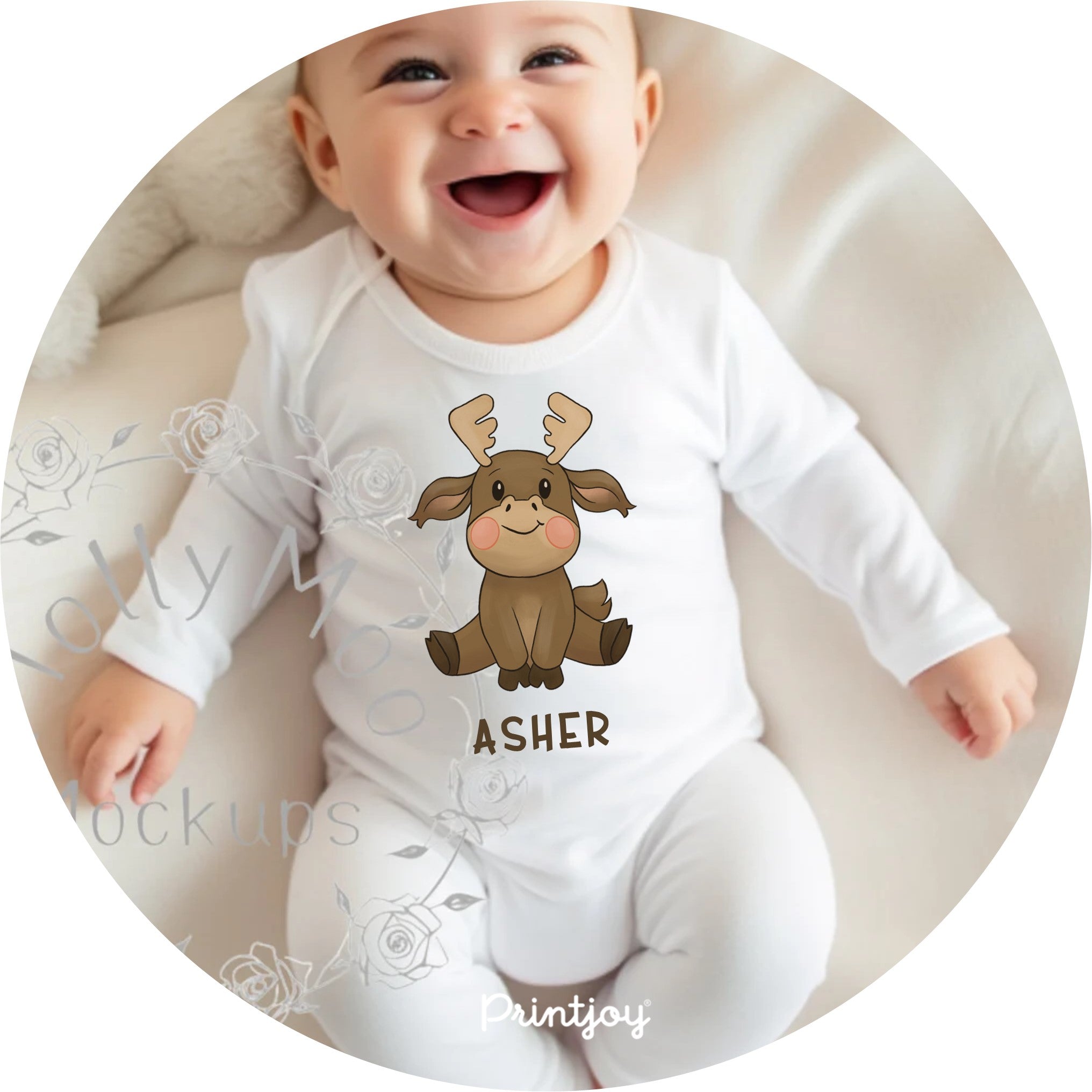 Baby Boy Woodland Friends Personalized Cartoon Moose Onesie - Printjoy