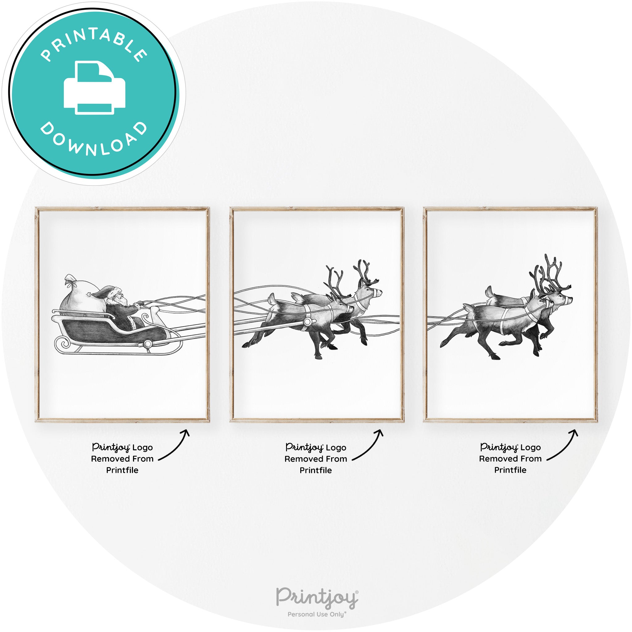 Santa Sleigh Reindeer Set Of 3 Modern Transitional Wall Art Free Printable - Printjoy