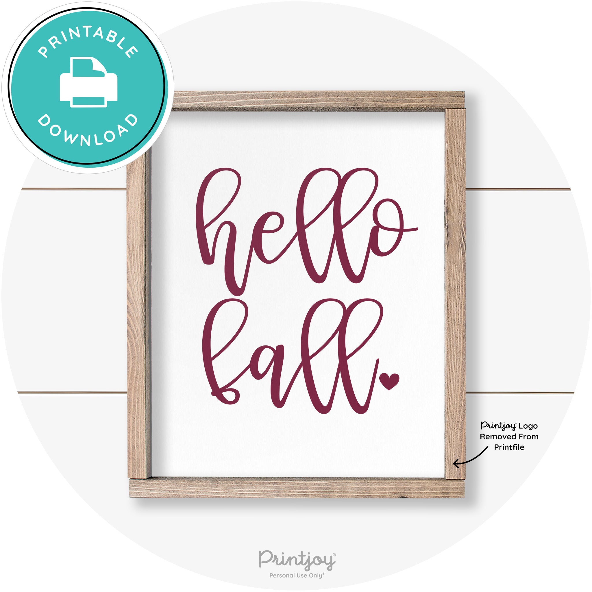 Hello Fall Heart Cute Cursive Farmhouse Wall Art Decor Free Printable