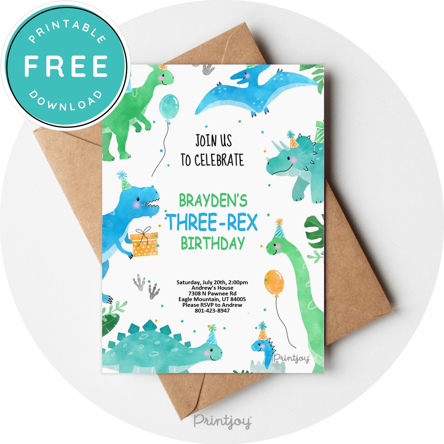 Boys Bright N Fun Dinosaur Birthday Age Invitation Party Printable - Printjoy