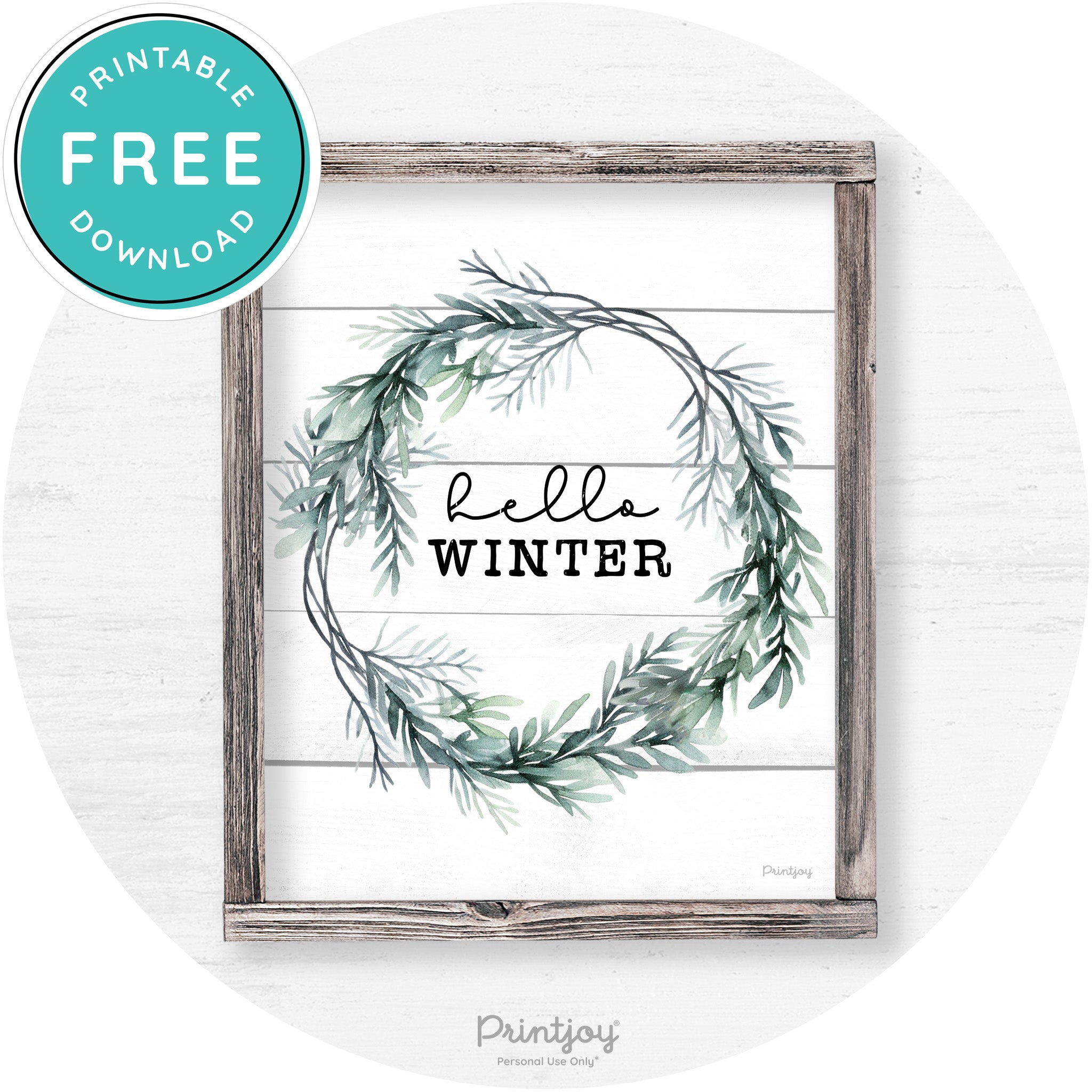 Hello Winter Watercolor Wreath Farmhouse Wall Art Free Printable