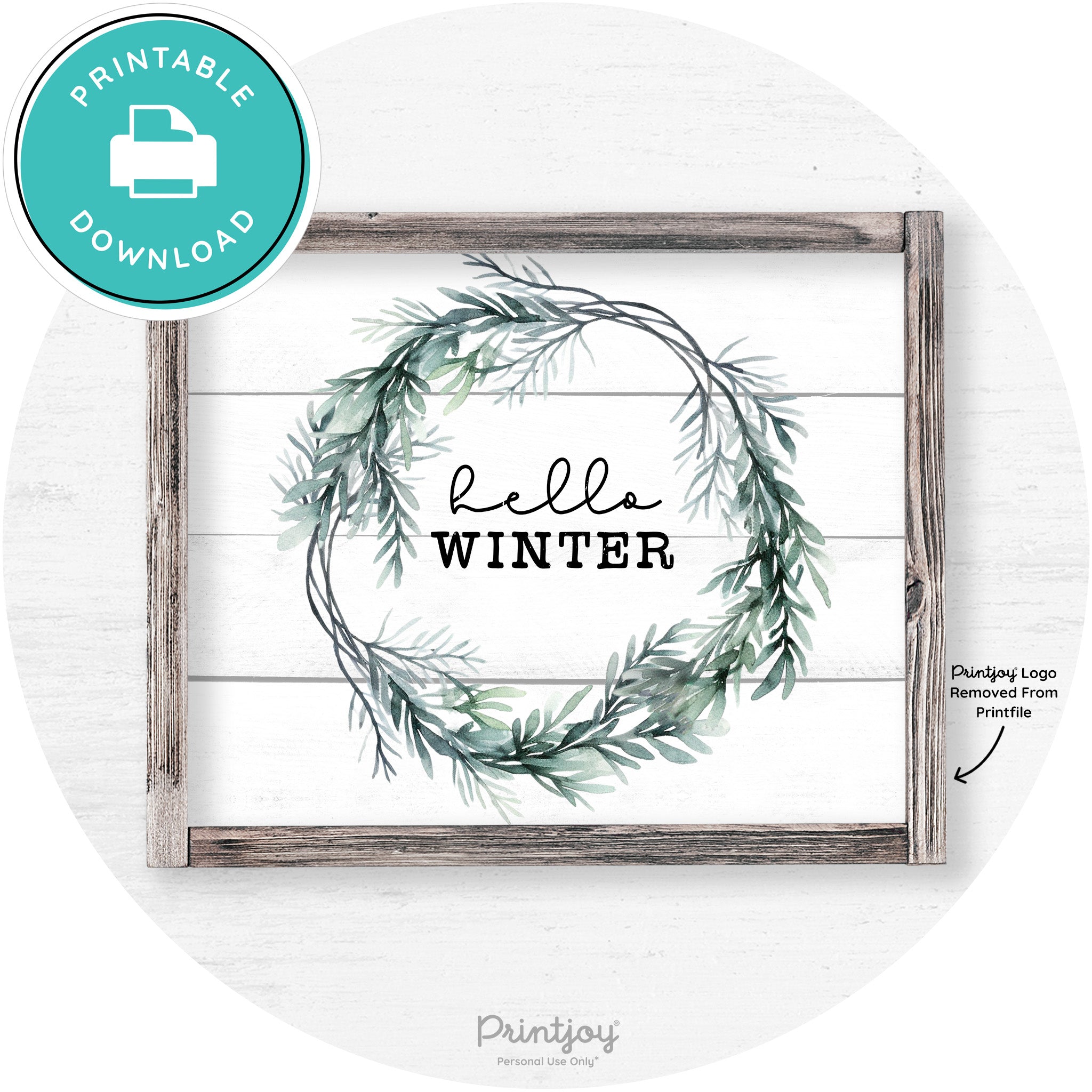 Hello Winter Watercolor Wreath Farmhouse Wall Art Free Printable
