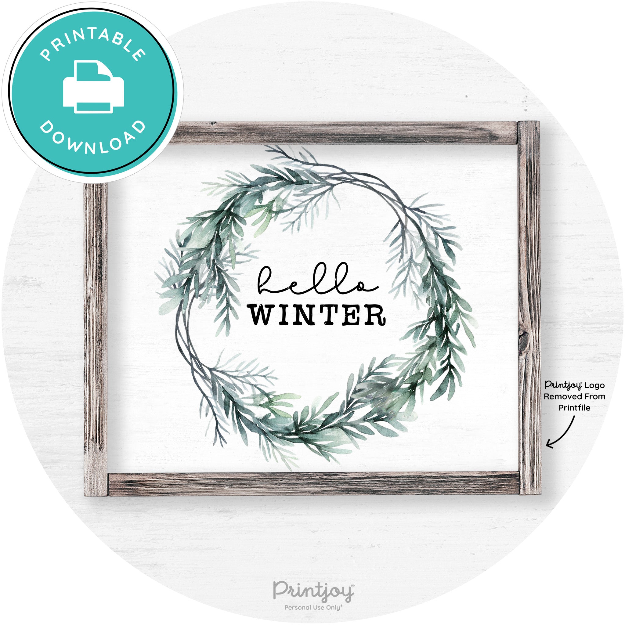 Hello Winter Watercolor Wreath Farmhouse Wall Art Free Printable