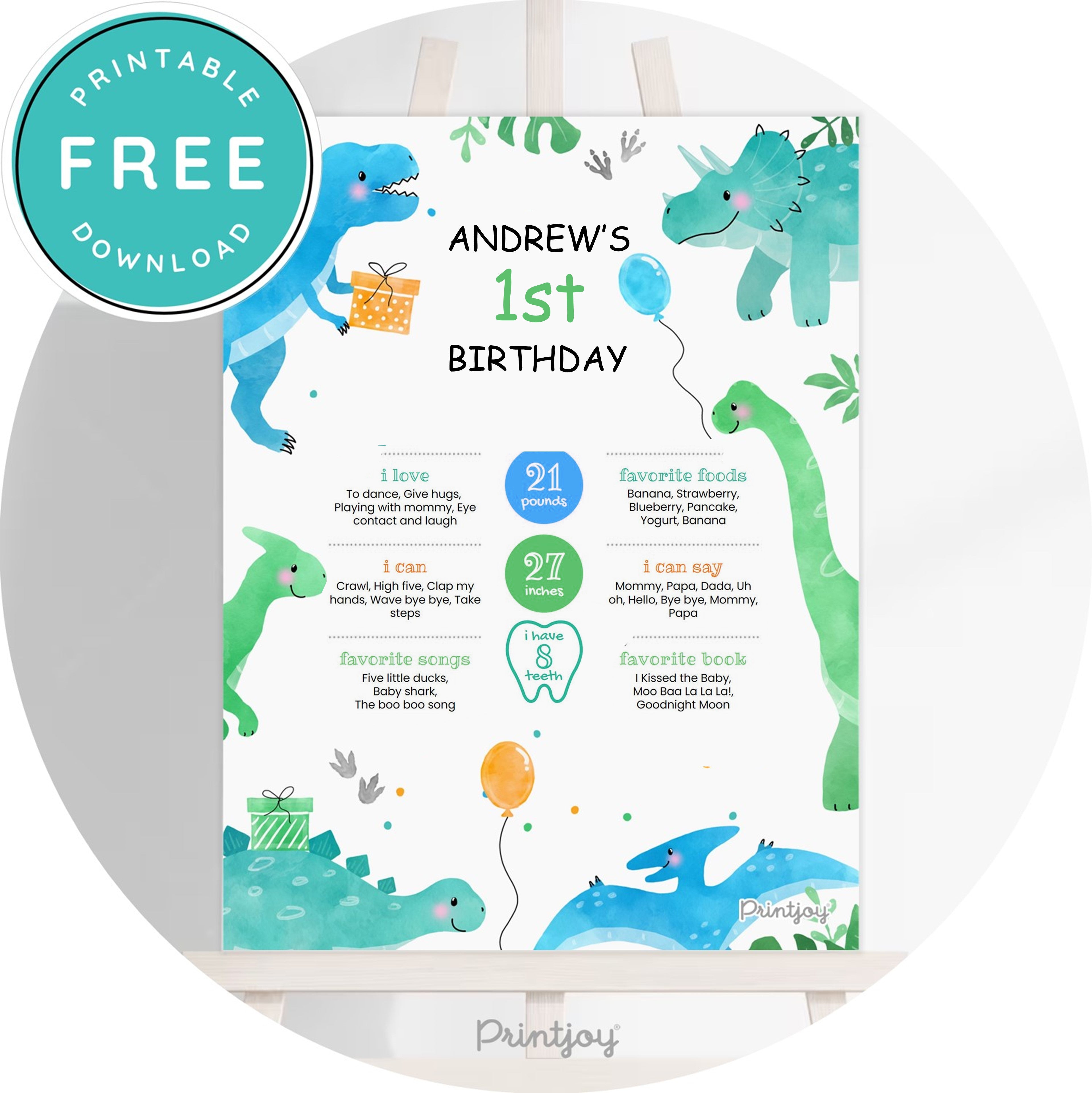 Boys Bright N Fun Dinosaur 1st Birthday Milestone Sign Printable - Printjoy