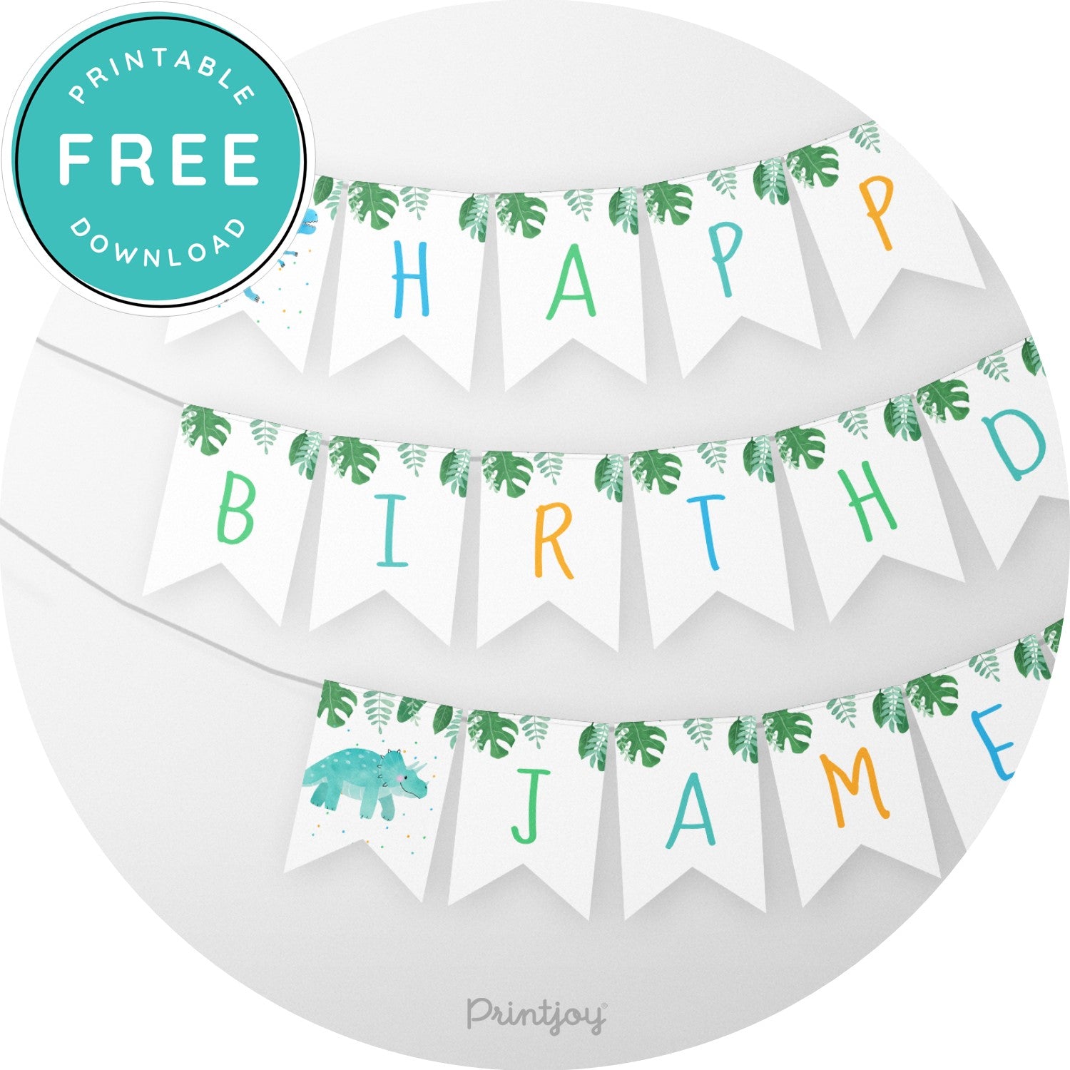 Boys Bright N Fun Dinosaur Happy Birthday Name Bunting Banner Printable - Printjoy