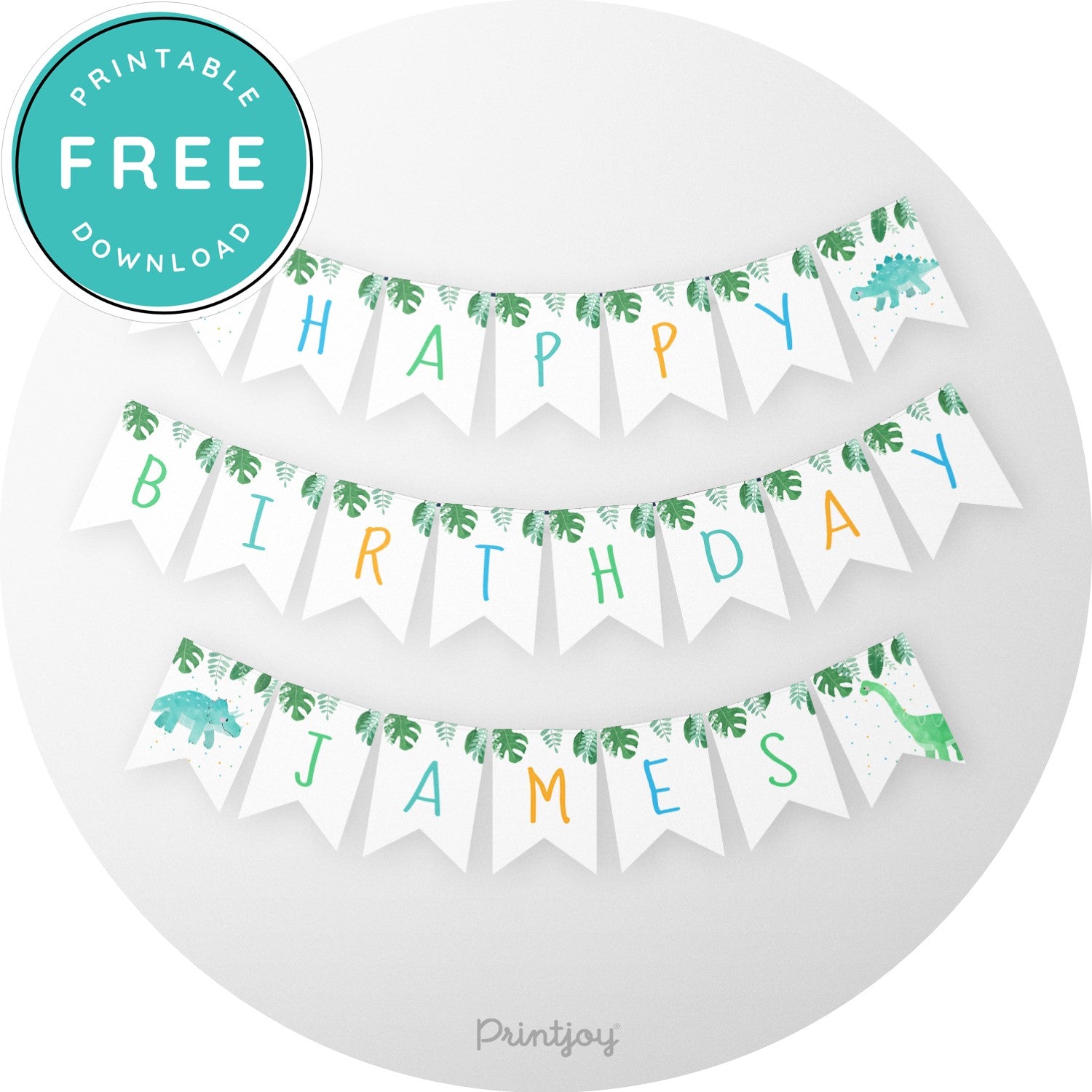 Boys Bright N Fun Dinosaur Happy Birthday Name Bunting Banner Printable - Printjoy