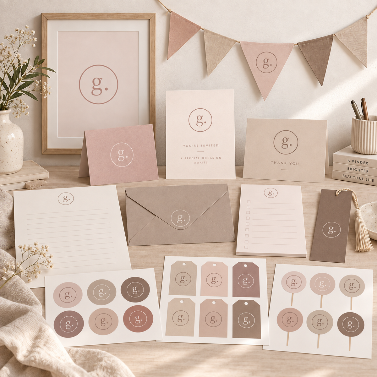 Personalized Monogram Minimal Neutral Pink Printable Bundle