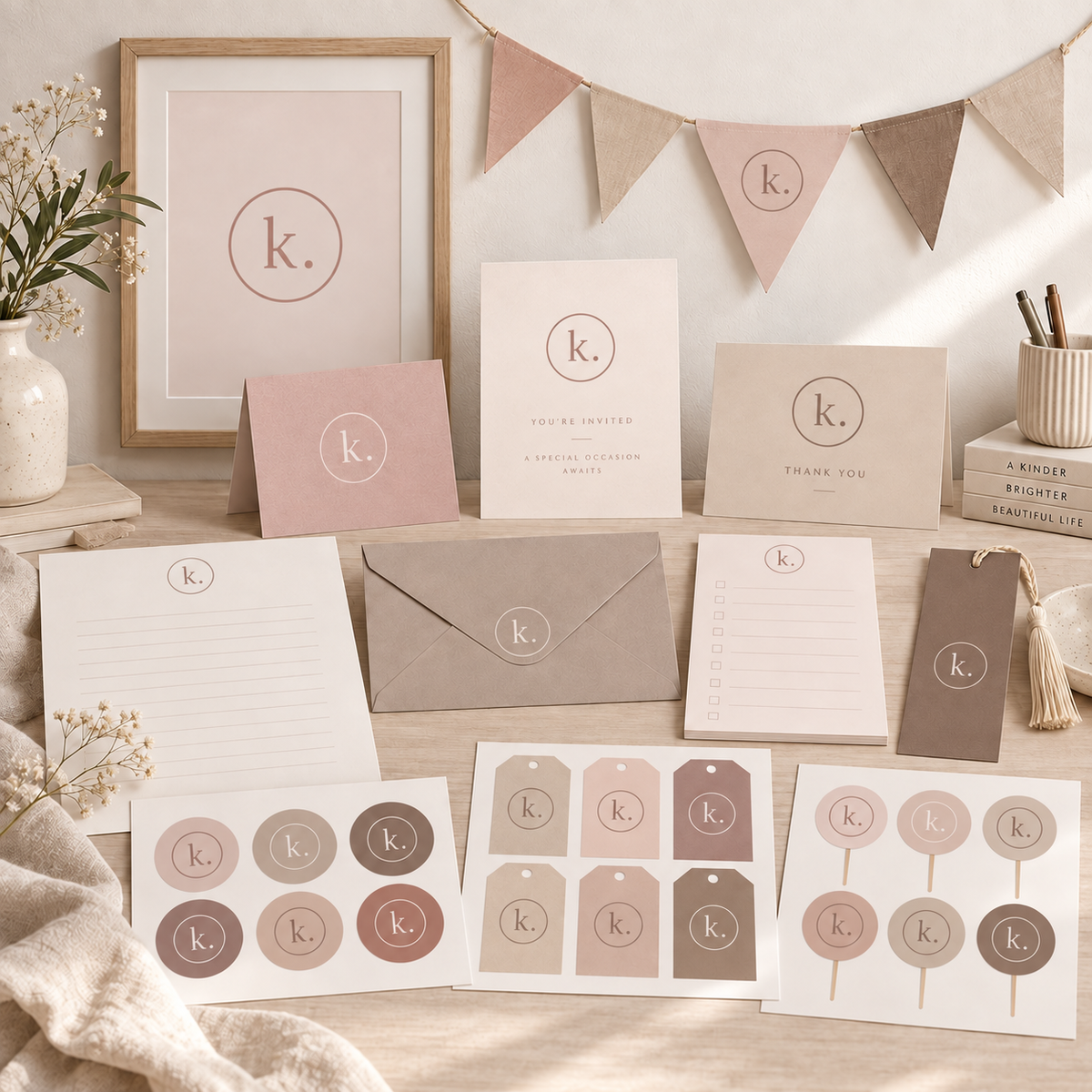 Personalized Monogram Minimal Neutral Pink Printable Bundle
