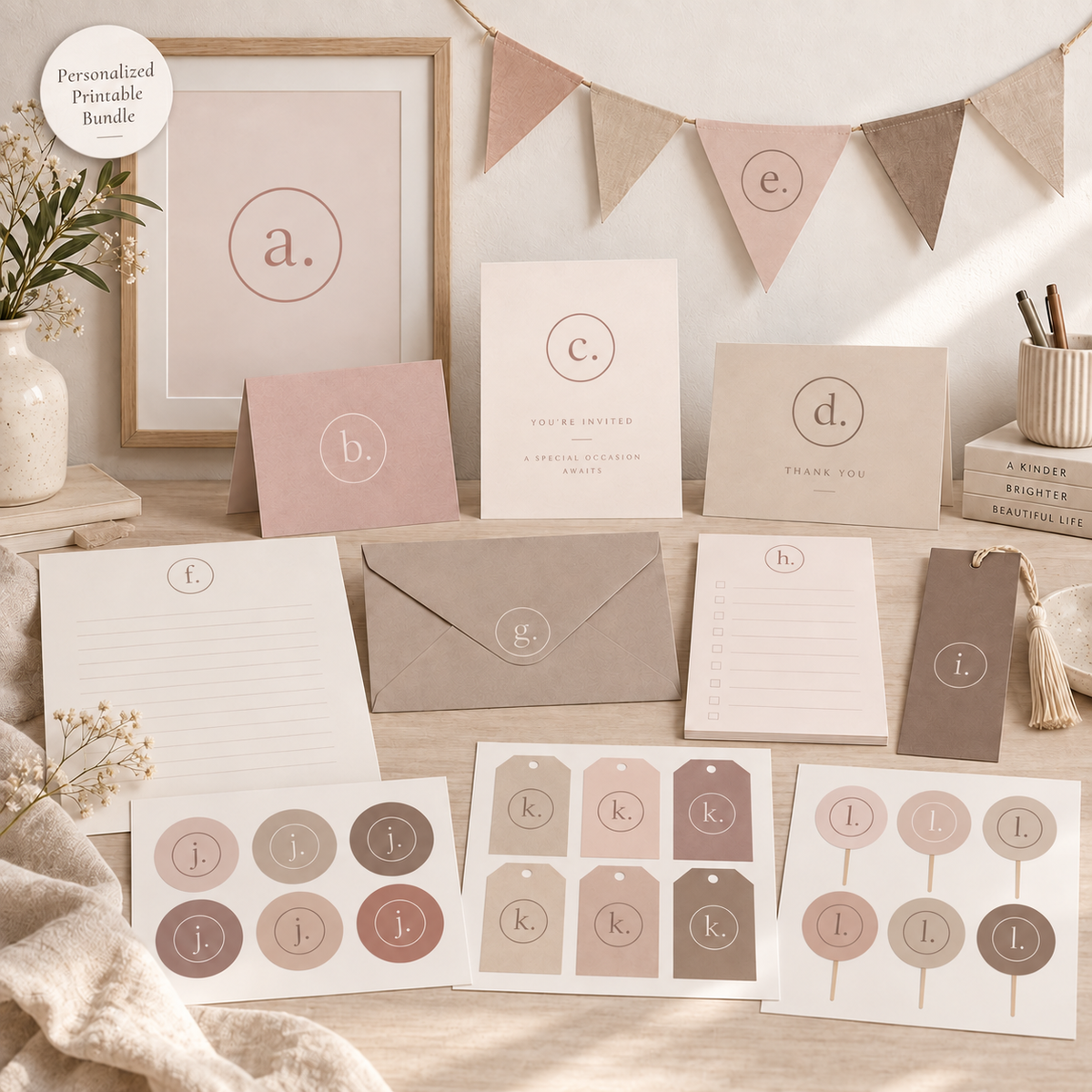 Personalized Monogram Minimal Neutral Pink Printable Bundle