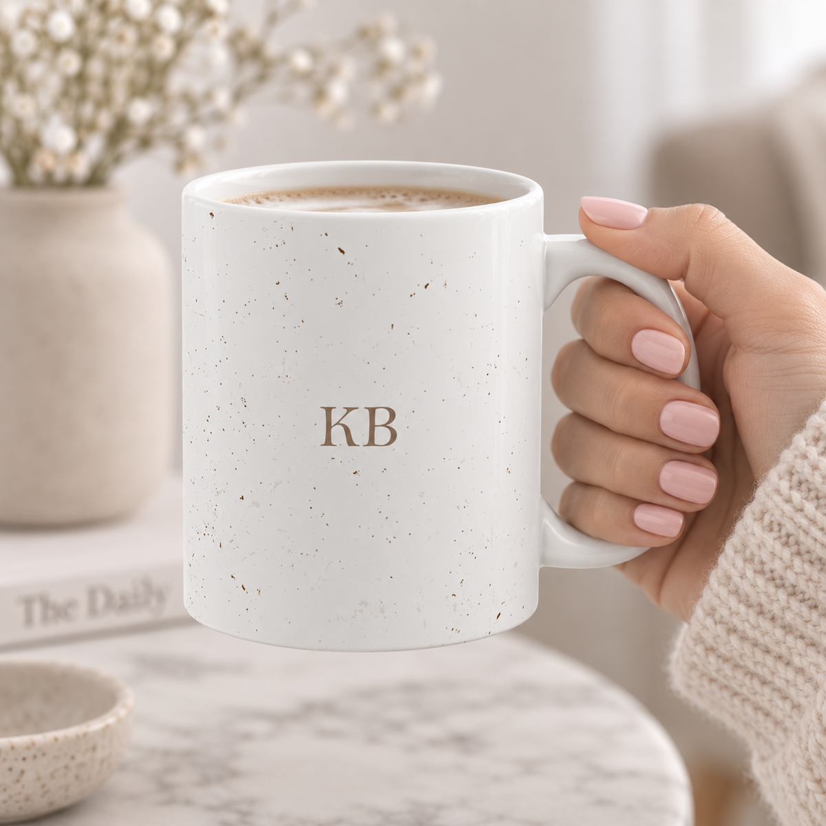 Personalized Speckled Neutral White Brown Monogram Mug