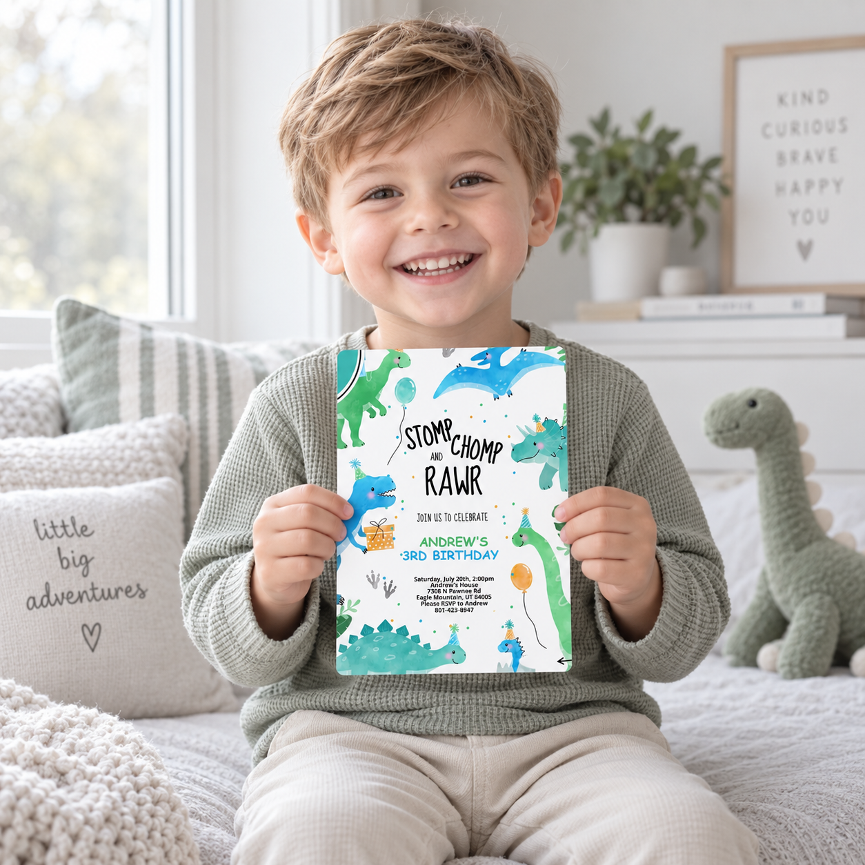 Kids Dinosaur Cute Fun Modern Birthday Invite Printable