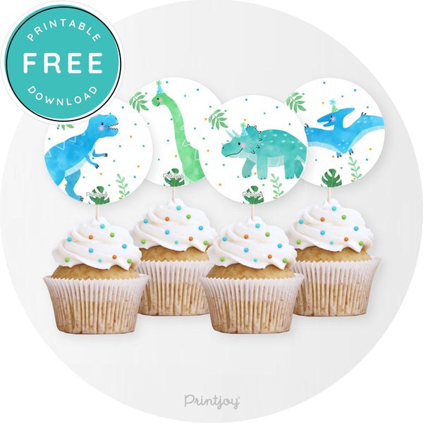 Kids Fun Dinosaur Birthday Party Blue Green Watercolor Cupcake Toppers Printable Download - Printjoy