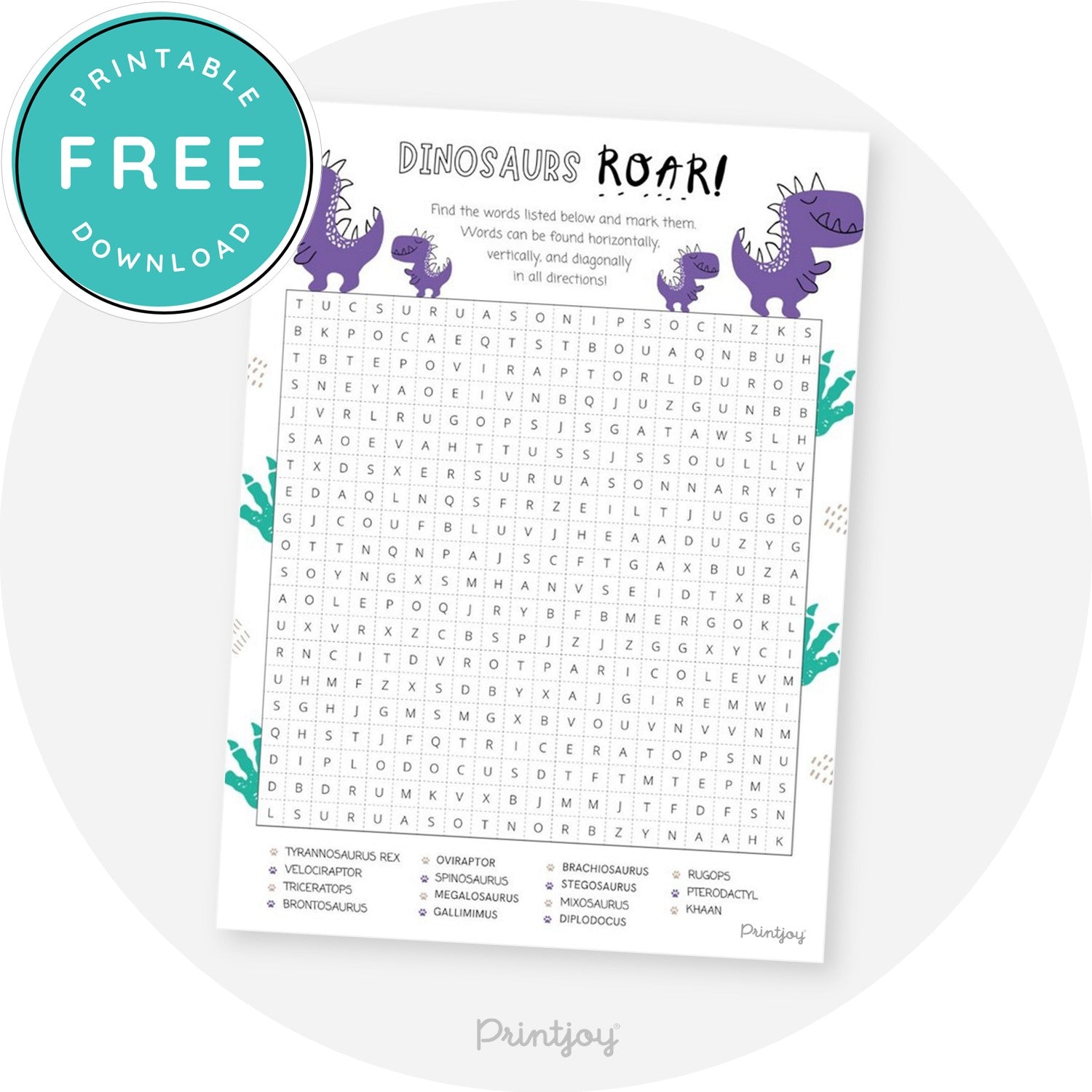 Boys Bright N Fun Dinosaur Word Search Game Birthday Party Printable - Printjoy