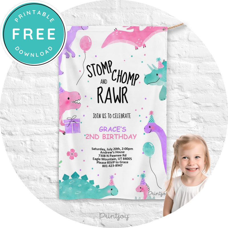 Kids Fun Dinosaur Birthday Party Pink Purple Watercolor Backdrop Banner Printable Download - Printjoy