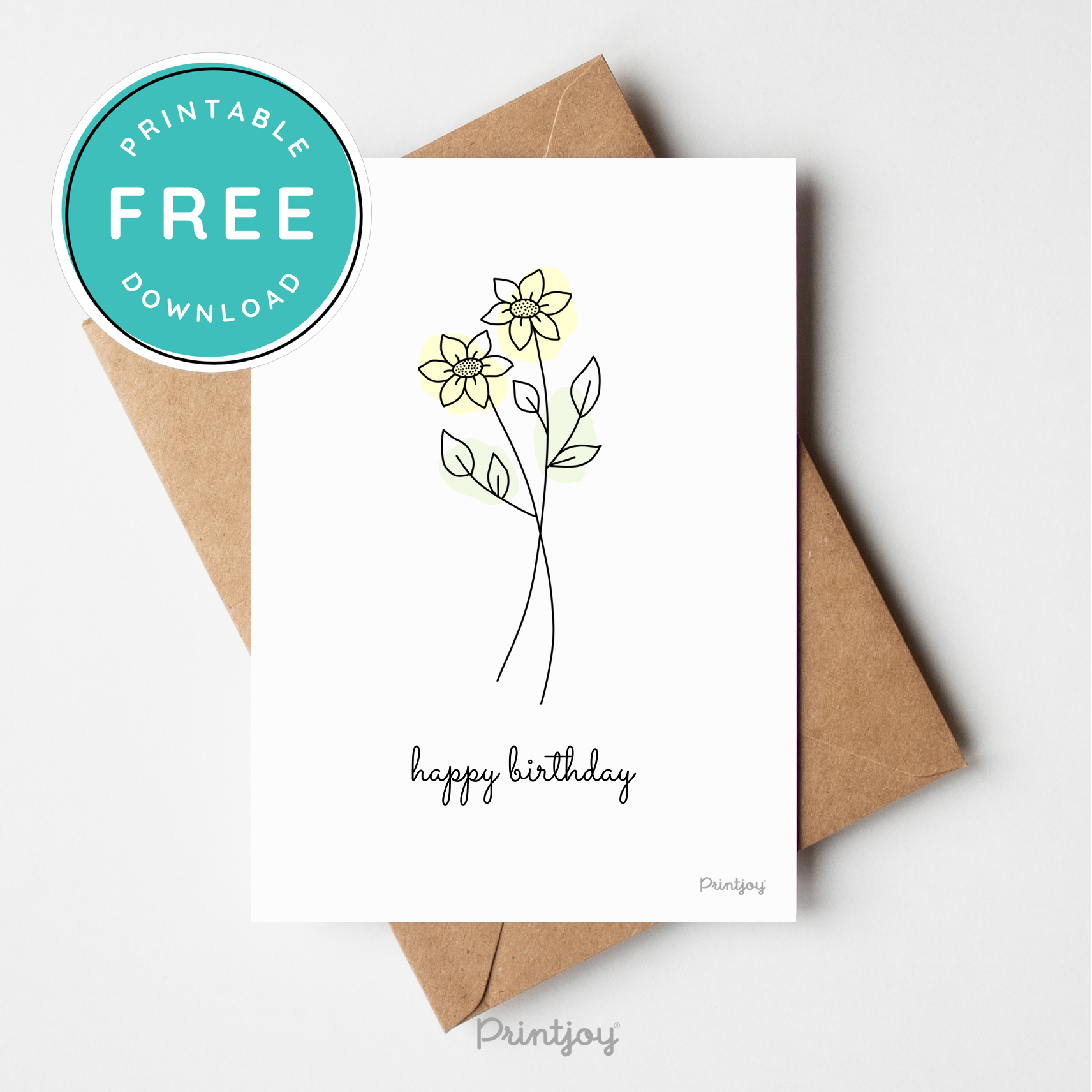 Happy Birthday Greeting Card Lovely Floral Line Art Free Printable