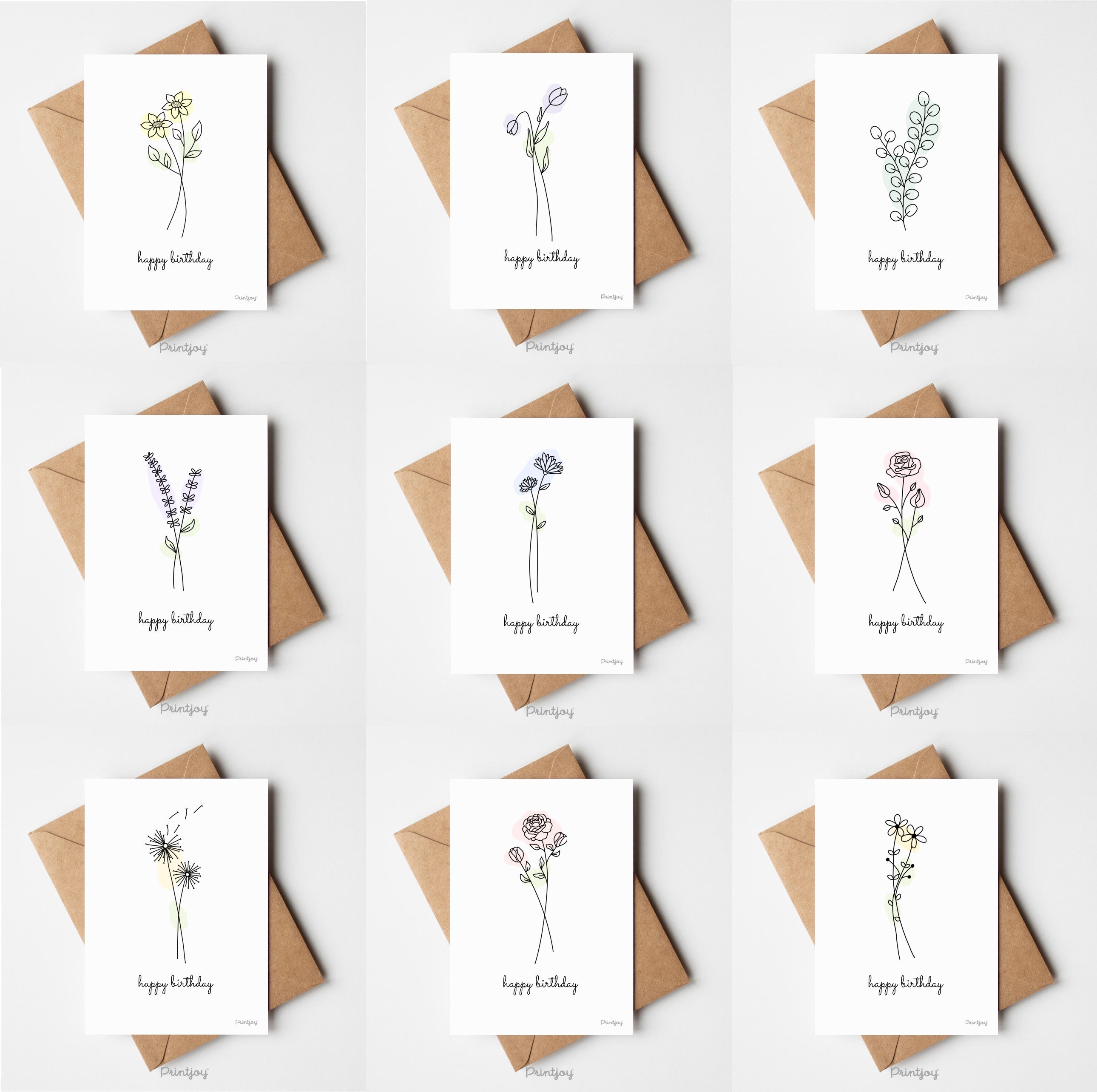 Happy Birthday Greeting Card Lovely Floral Line Art Free Printable