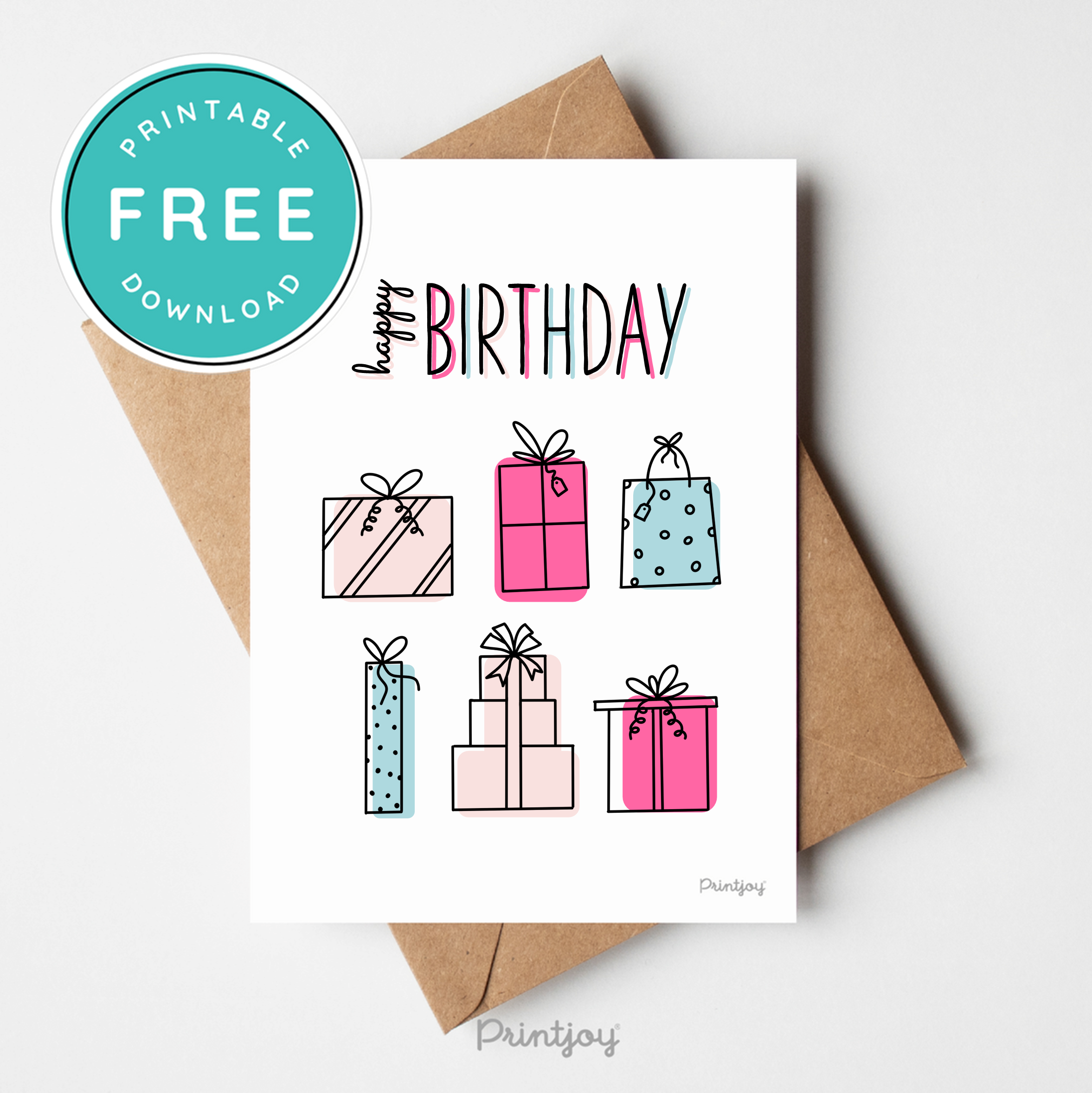 Happy Birthday Gifts Greeting Card Fun Line Art Printable