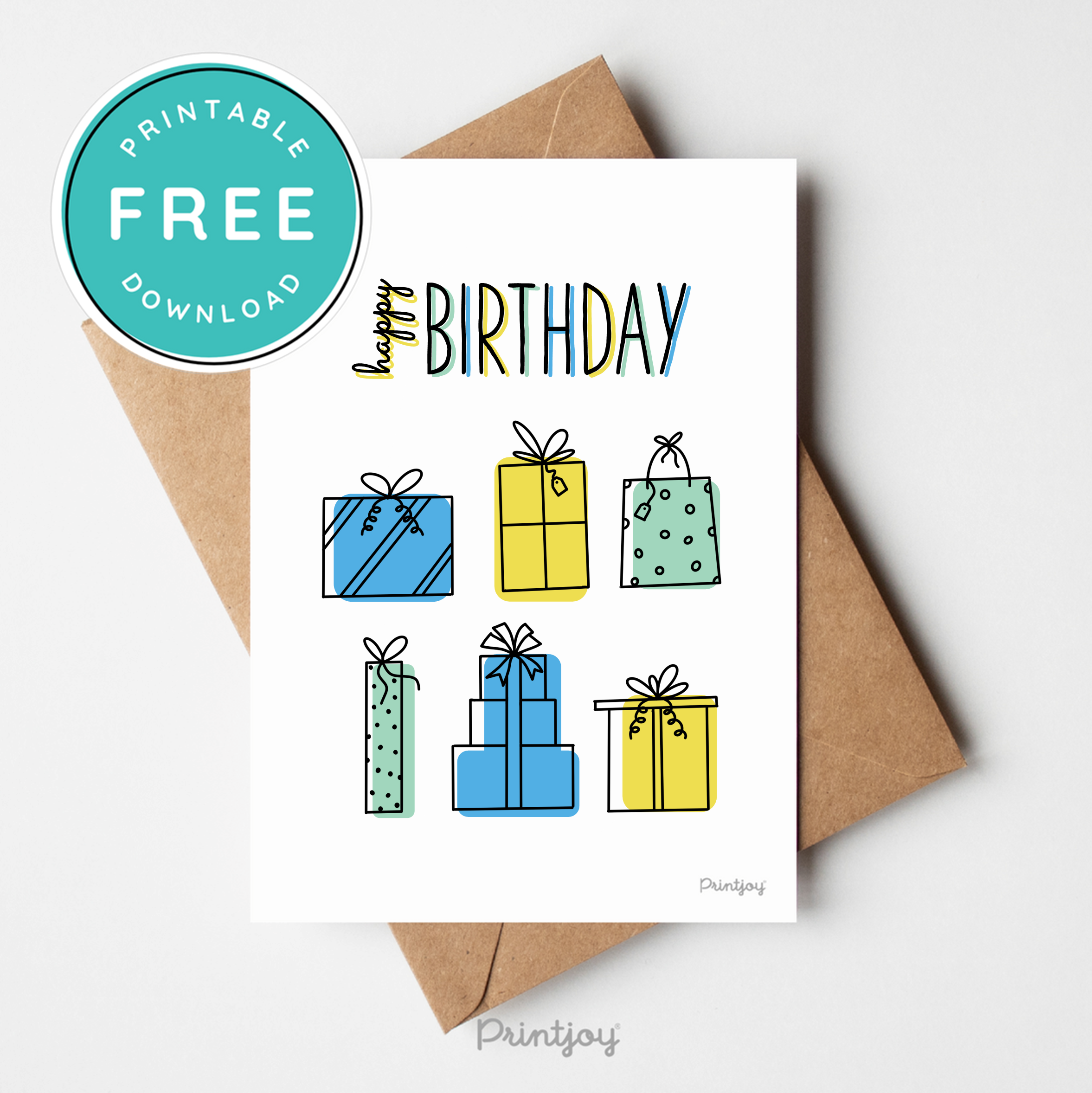 Happy Birthday Gifts Greeting Card Fun Line Art Printable