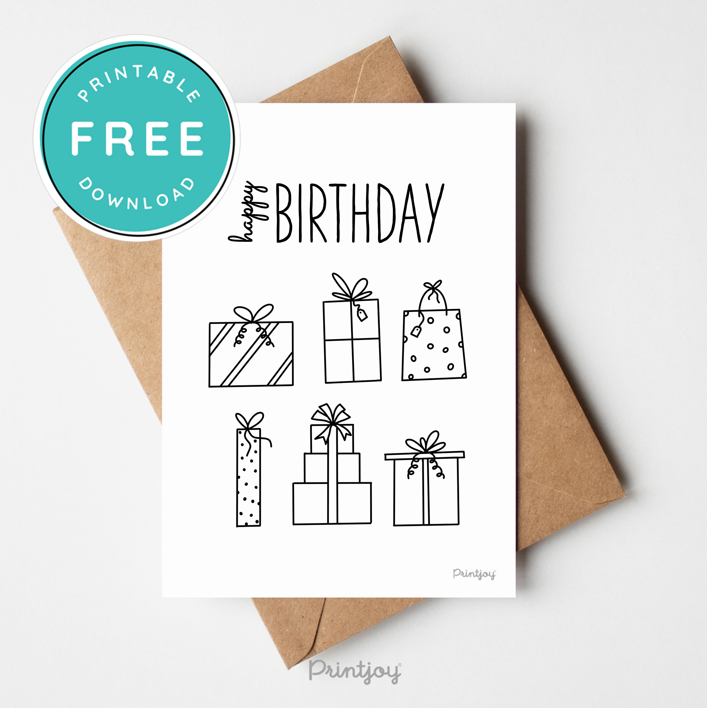 Happy Birthday Gifts Greeting Card Fun Line Art Printable