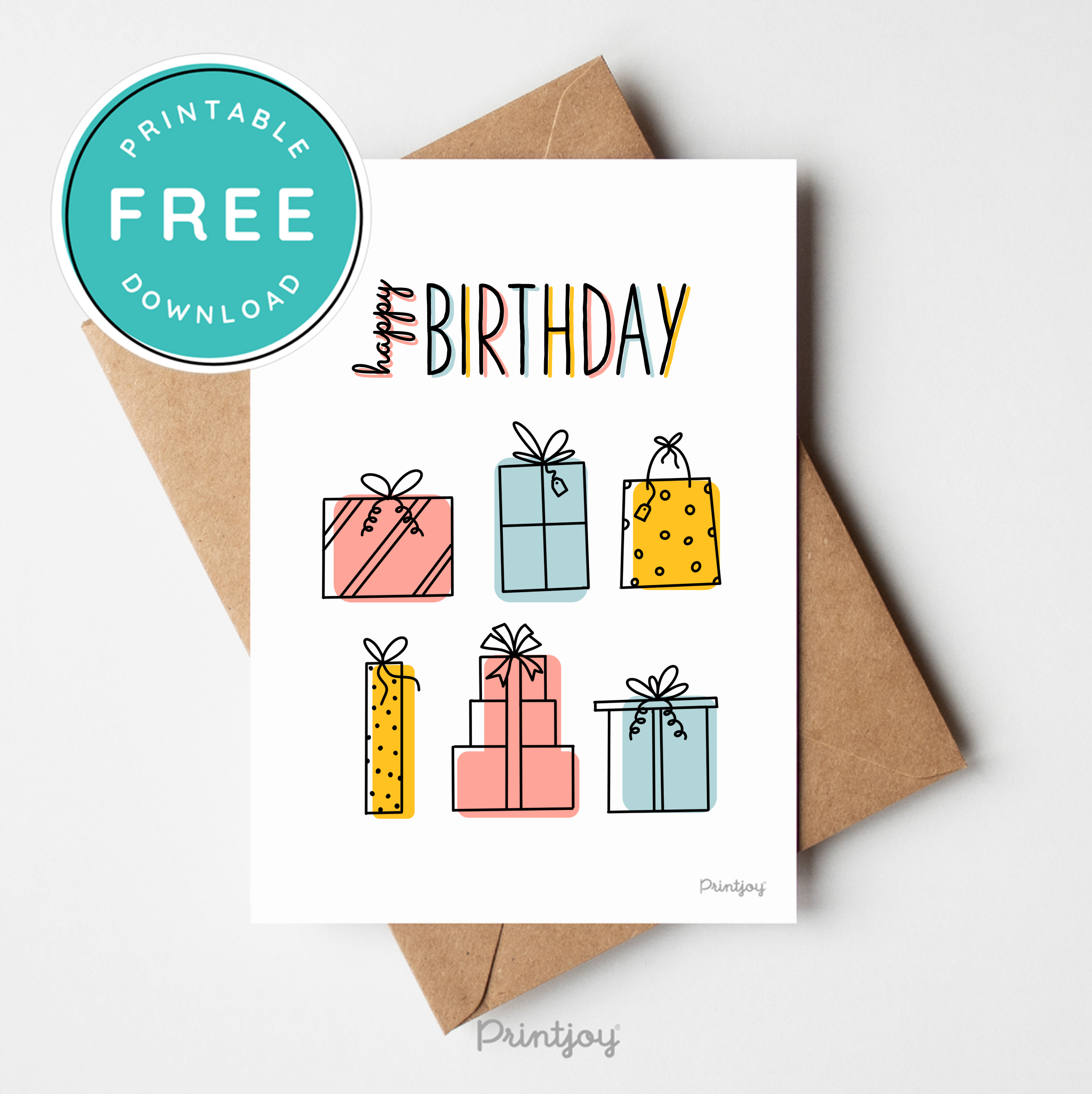 Happy Birthday Gifts Greeting Card Fun Line Art Printable