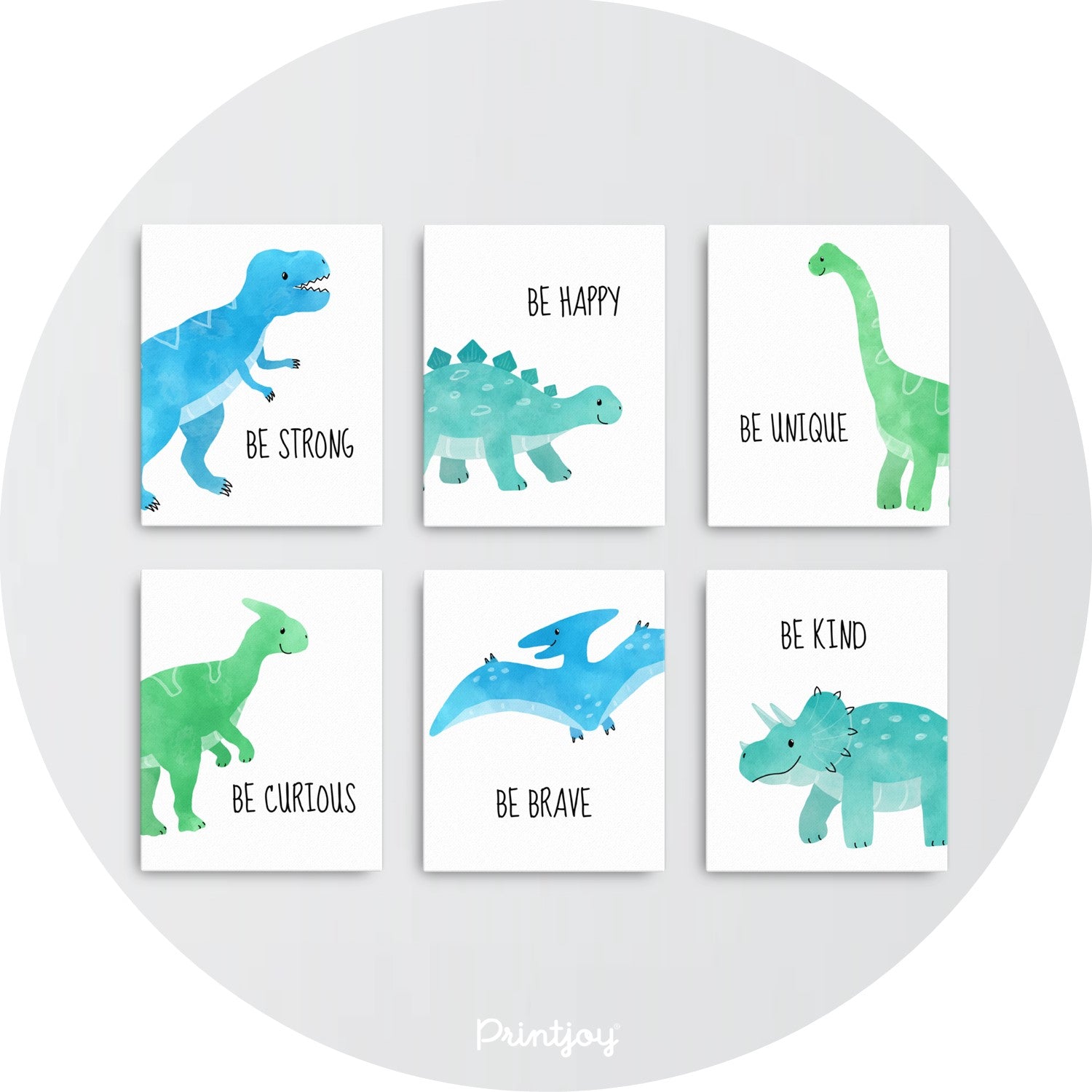 Be Strong Dinosaur Watercolor Kids Room Canvas Wall Art - Printjoy