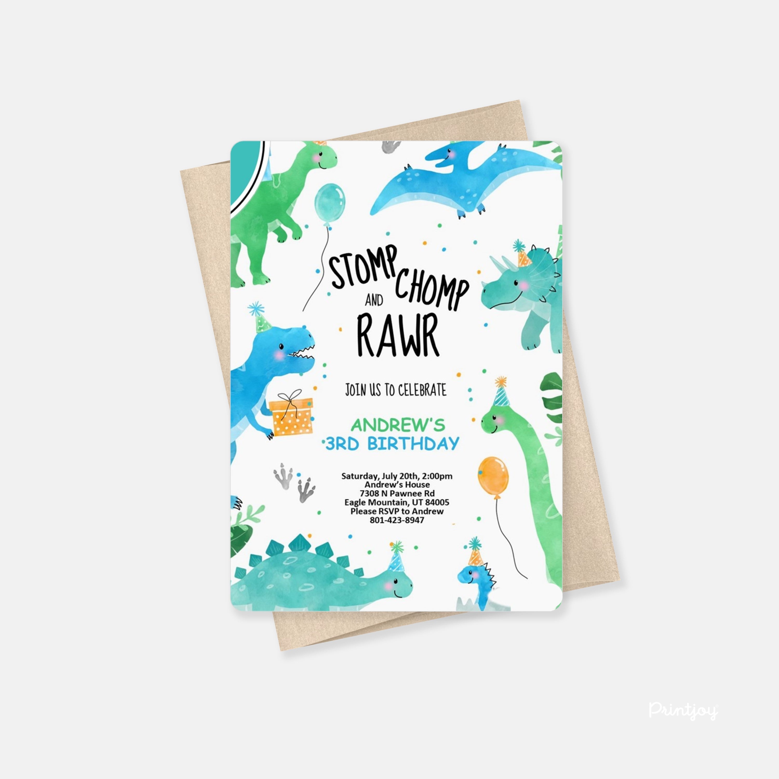 Girls Dinosaur Cute Fun Modern Birthday Invite Printable - Printjoy