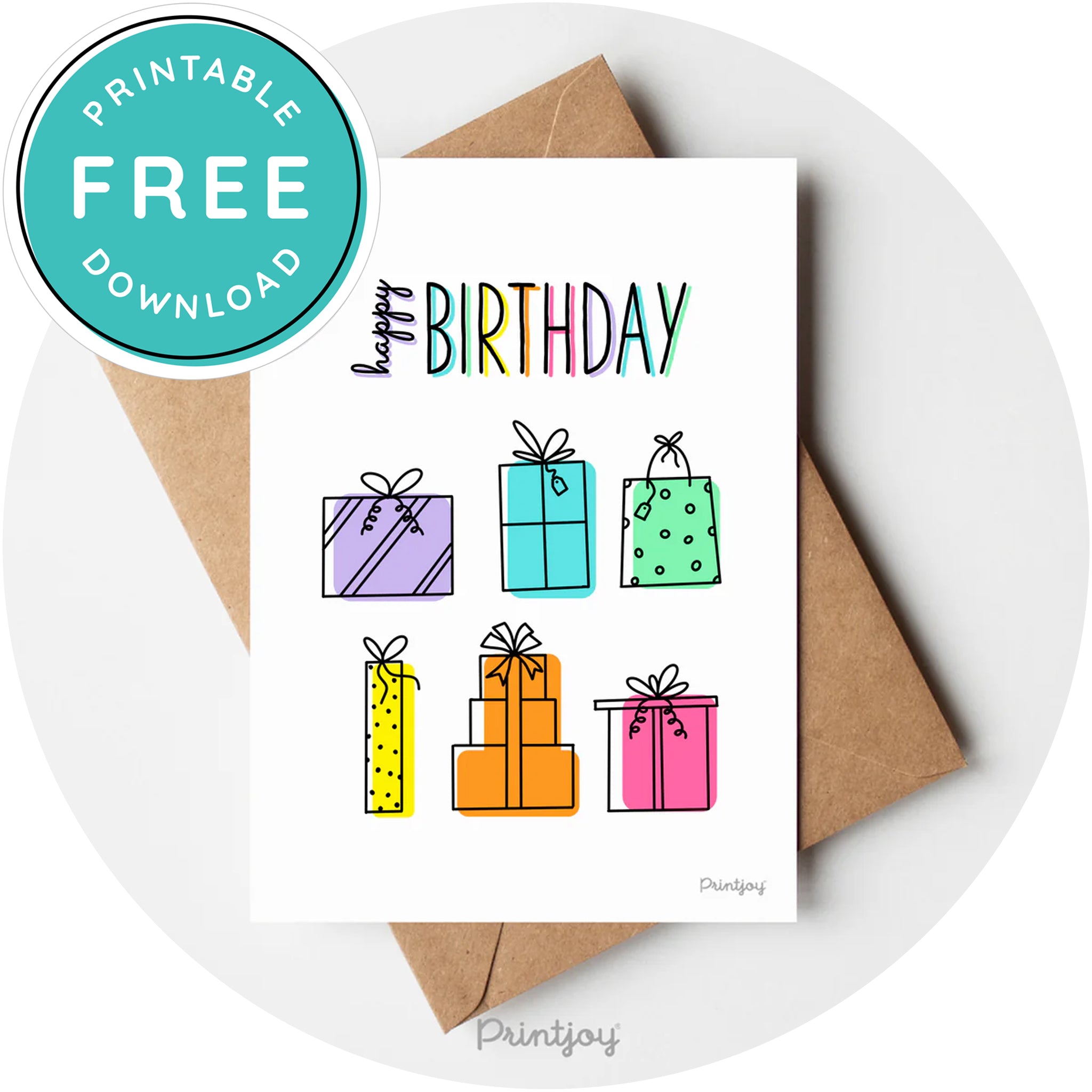 Happy Birthday Gifts Greeting Card Fun Line Art Printable