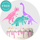 Kids Fun Dinosaur Birthday Party Pink Purple Watercolor Cake Toppers Printable Download - Printjoy