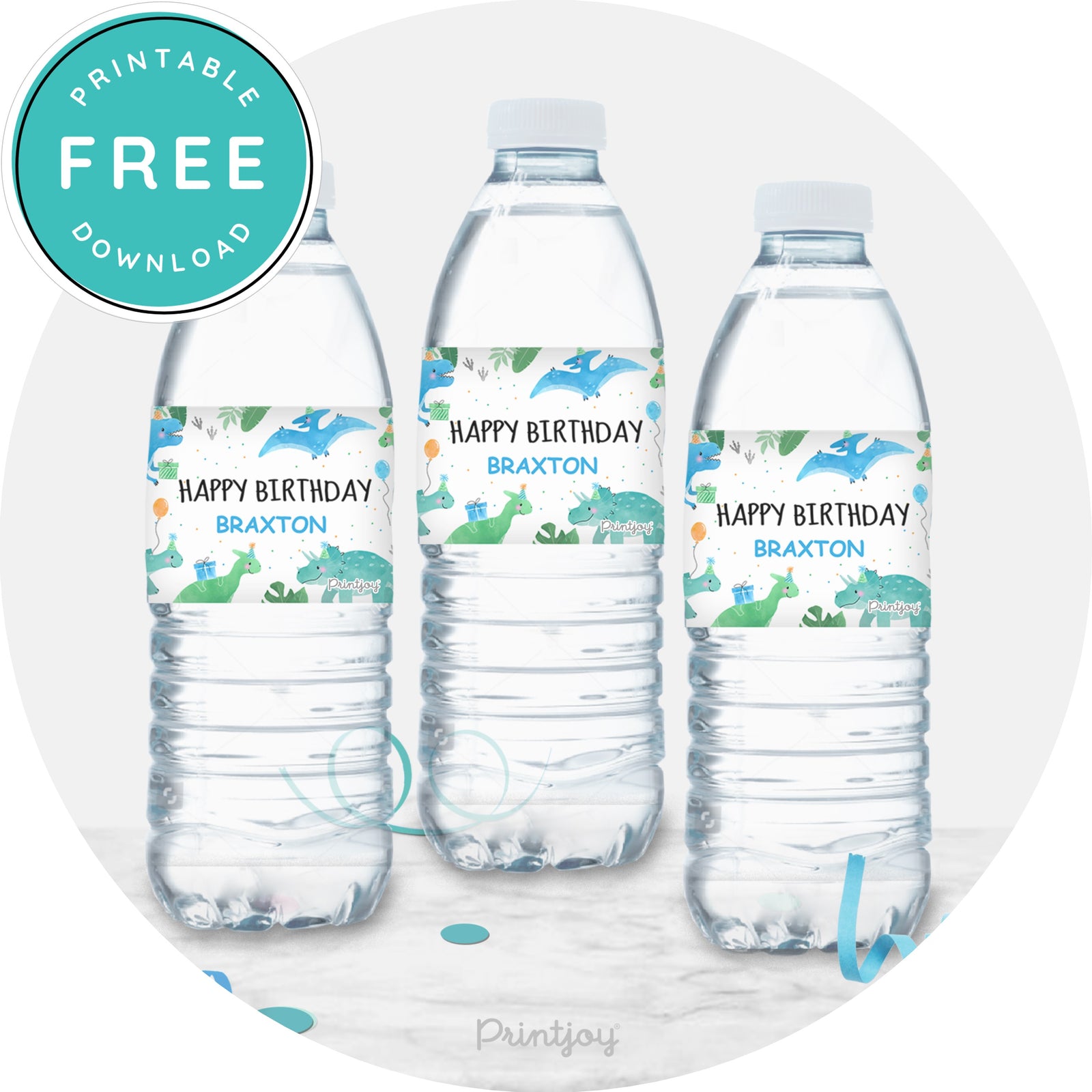 Boys Bright N Fun Dinosaur Water Bottle Labels Party Printable | Printjoy