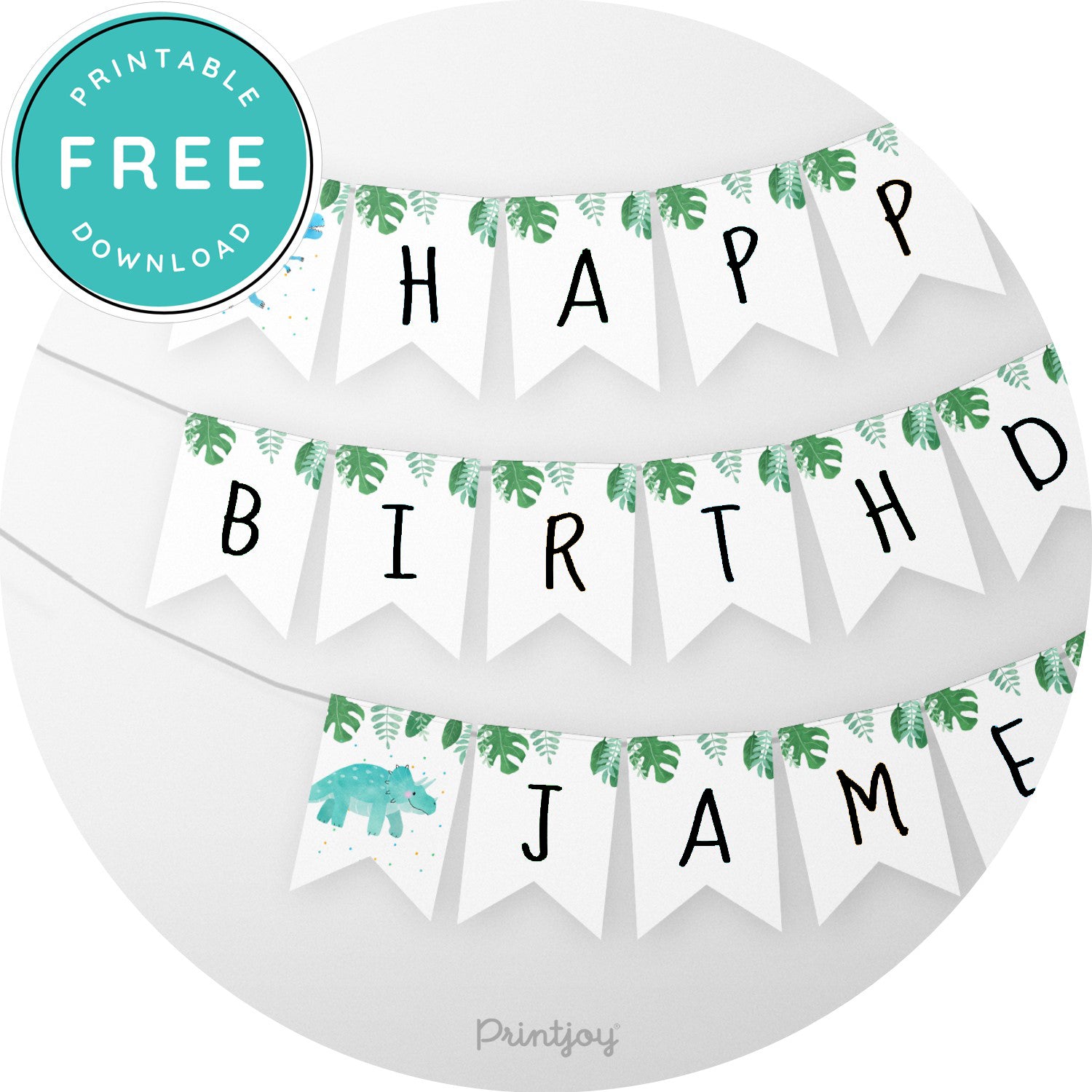 Boys Bright N Fun Dinosaur Happy Birthday Name Bunting Banner Printable - Printjoy