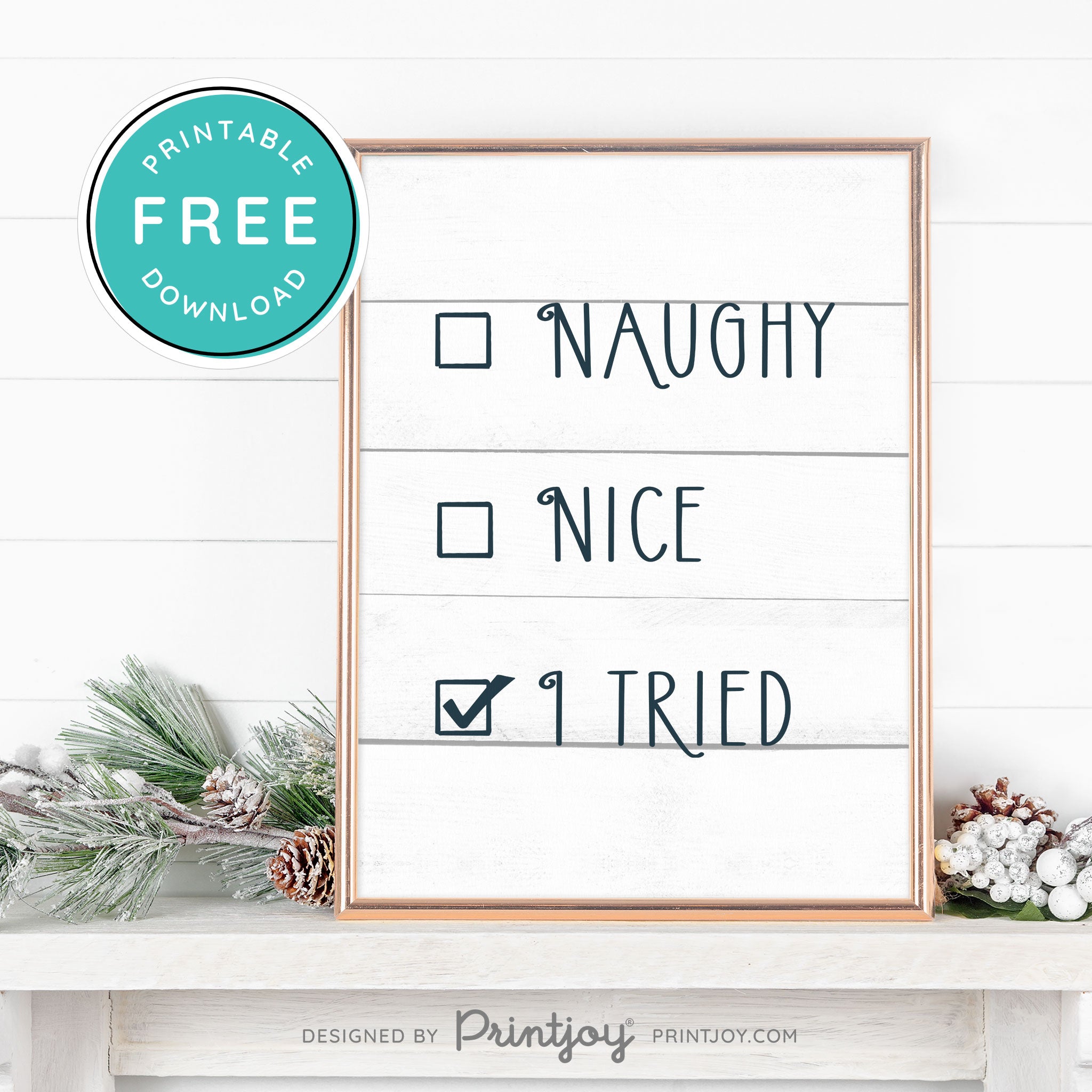 Free Printable Naughty Nice I Tried Funny Christmas Wall Art Decor Download - Printjoy