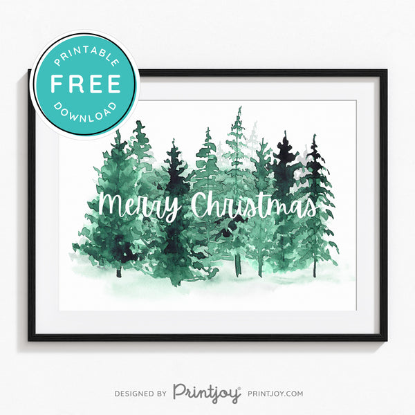 Free Printable Merry Christmas Watercolor Pine Trees Winter Wall Art Decor Download - Printjoy