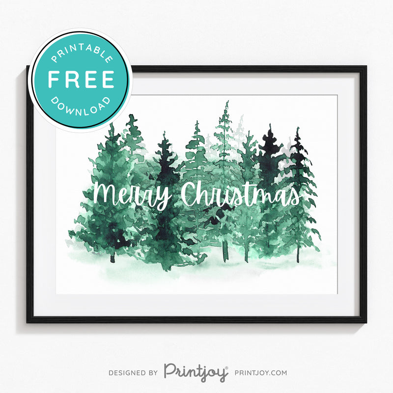 Free Printable Merry Christmas Watercolor Pine Trees Winter Wall Art Decor Download - Printjoy