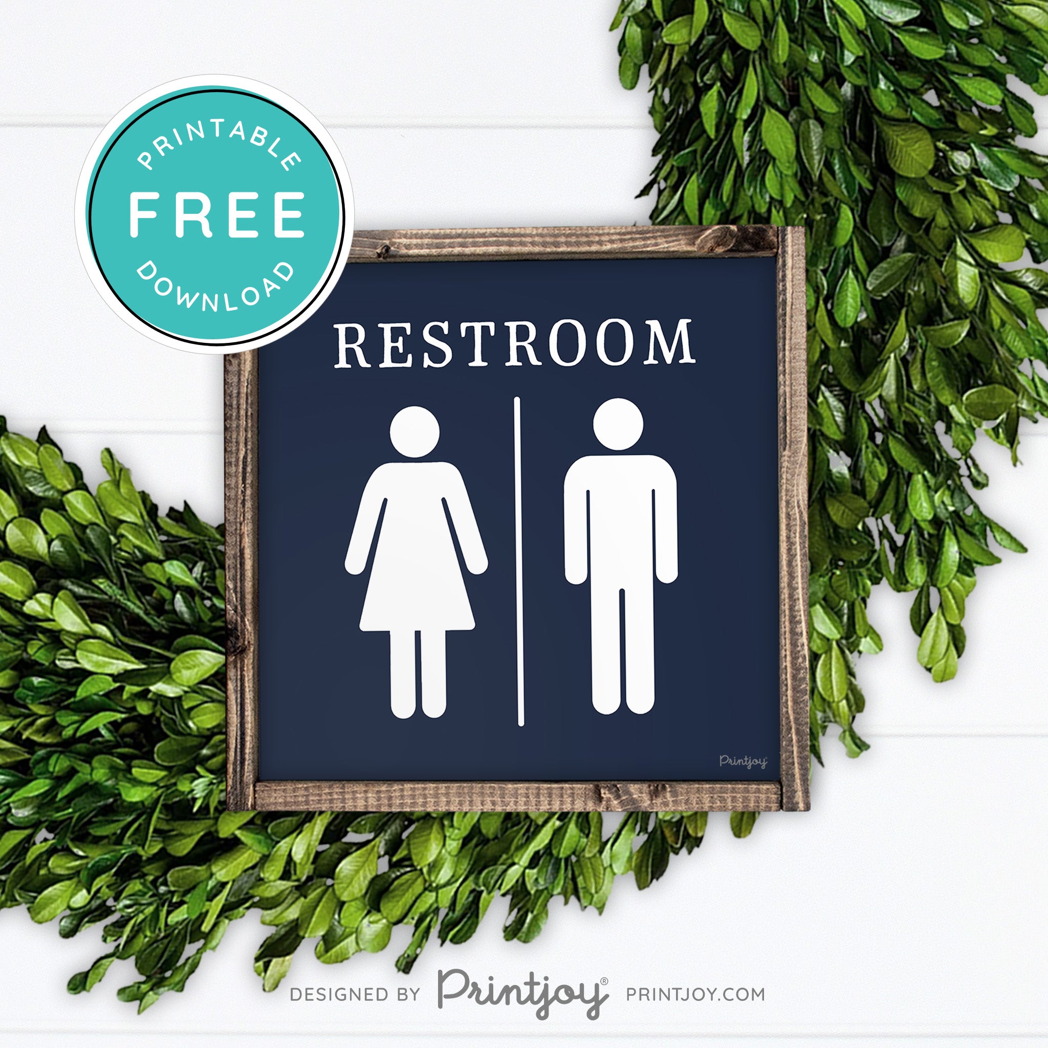 Restroom Sign • Mens Womens Bathroom • Popular Bathroom Decor • Modern Farmhouse • Denim Blue • Wall Art • Free Printable Download - Printjoy