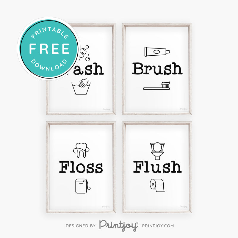 Kids Wash Brush Floss Flush • Set Of 4 • Kids Bathroom • Wall Art • Free Printable Download - Printjoy
