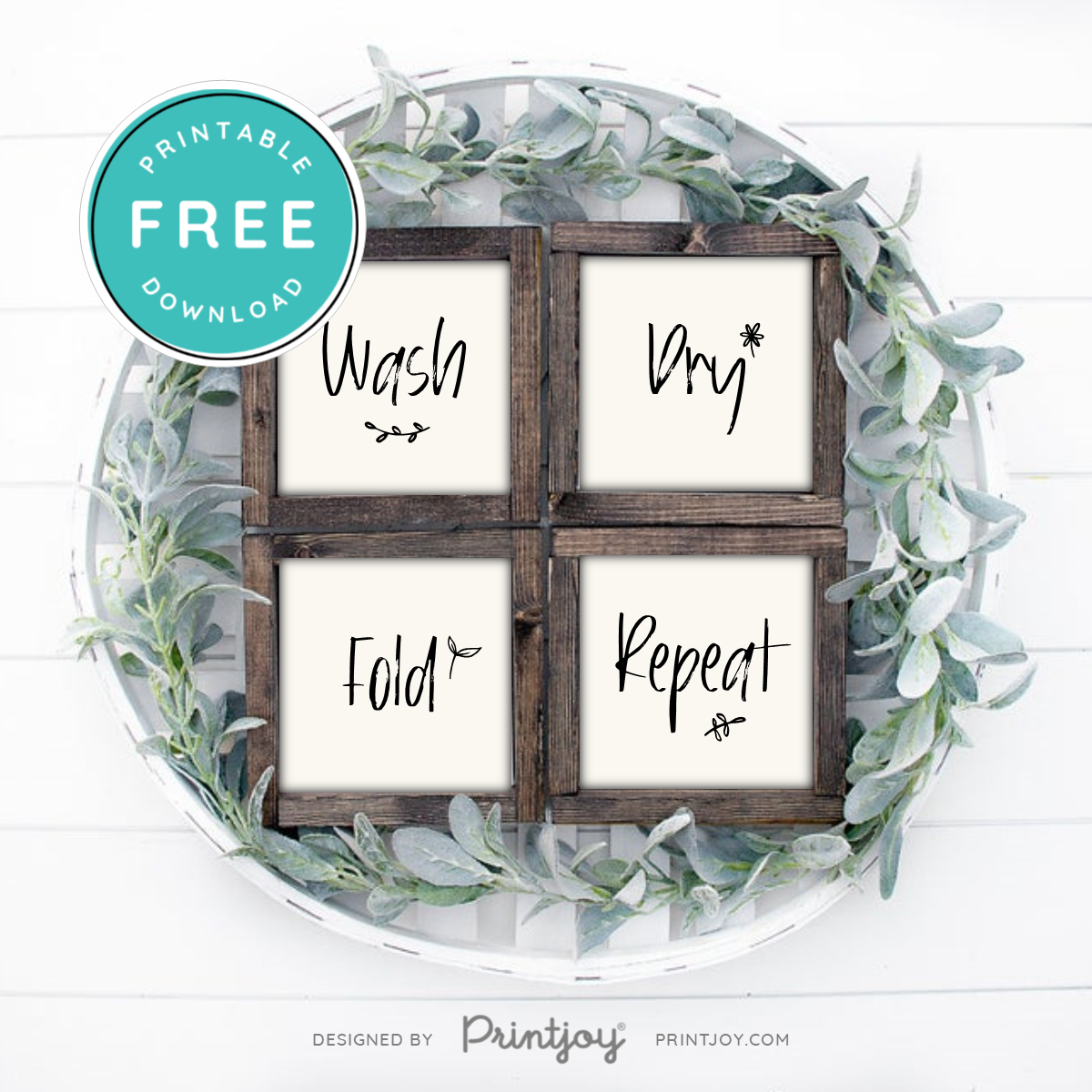 Wash Dry Fold Repeat • Laundry Room • Set Of 4 • Modern Farmhouse • Wall Art Decor • Free Printable • Ivory - Printjoy